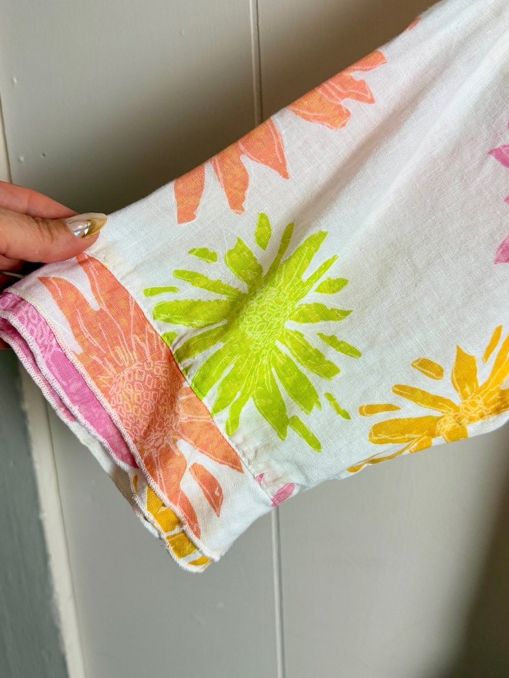 fresh produce White Linen Top with Mod Floral Print in Lime Orange Lemon + Pink